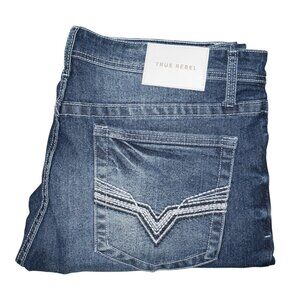 True Rebel Slim Fit Jeans Dark Wash Denim Men's Size 36x30 Thick Stitch BKE NWT